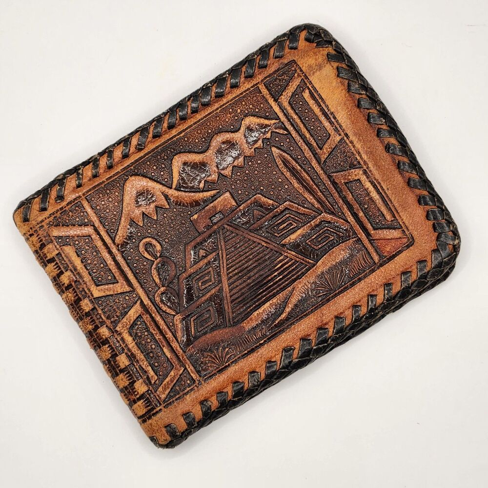 Vintage Hand Tooled Genuine Leather Bifold Wallet Mexico Brown Black